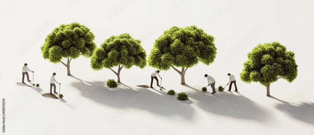 Fototapeta premium A miniature scene depicting people planting and nurturing trees, emphasizing environmental care and growth.