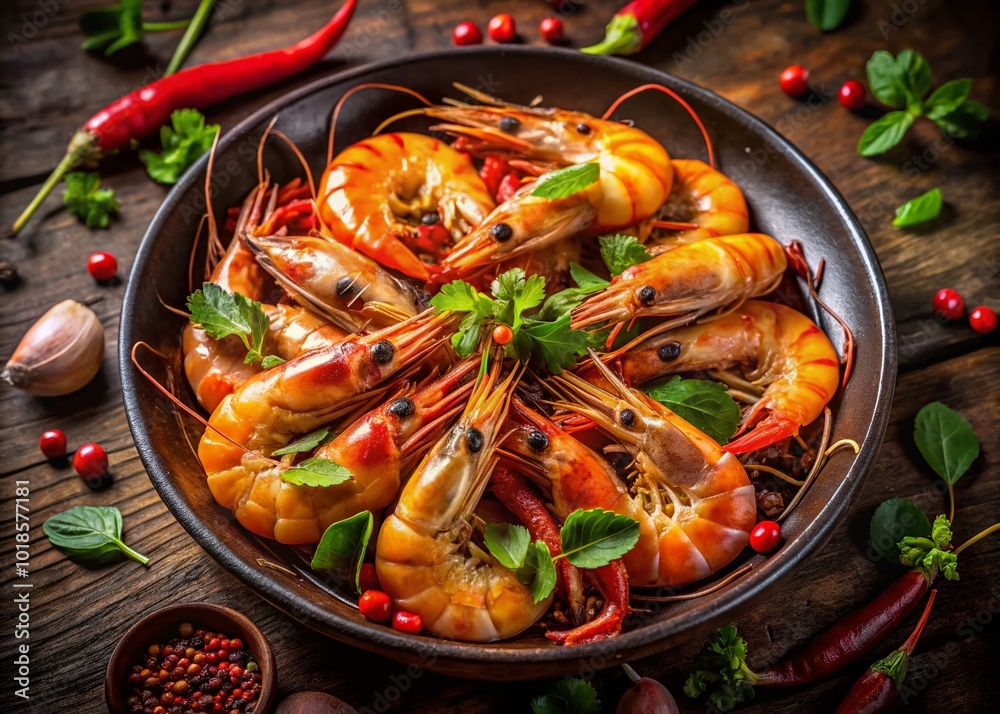 Delight in fresh river shrimp, expertly cooked with fragrant herbs and spices, elegantly served on a plate for Delight in fresh river shrimp, expertly cooked with fragrant herbs and spices, elegantly served on a plate for