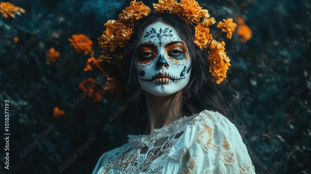 With a stunning floral crown and detailed sugar skull makeup, the woman embodies the spirit of Día de los Muertos, surrounded by blooming marigolds in a serene garden With a stunning floral crown and detailed sugar skull makeup, the woman embodies the spirit of Día de los Muertos, surrounded by blooming marigolds in a serene garden