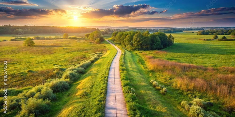 Naklejka premium Aerial view of path leading into distance in natural landscape