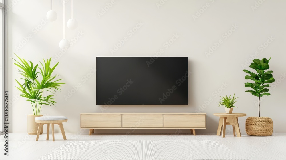 A minimalist living room with a large TV, light wood furniture, and neutral decor, creating a serene and functional entertainment area.