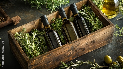 Rustic wooden crate filled with dark glass olive oil bottles nestled among fresh rosemary sprigs, capturing the essence of Mediterranean culinary traditions. photo