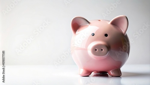 Aerial view of piggy bank on white background with copy space