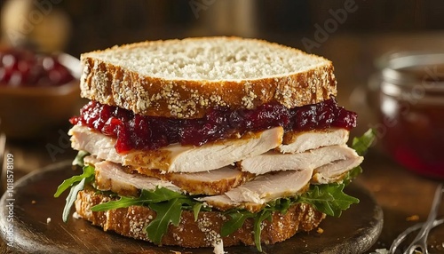 Delicious turkey sandwich with cranberry sauce on whole grain bread.