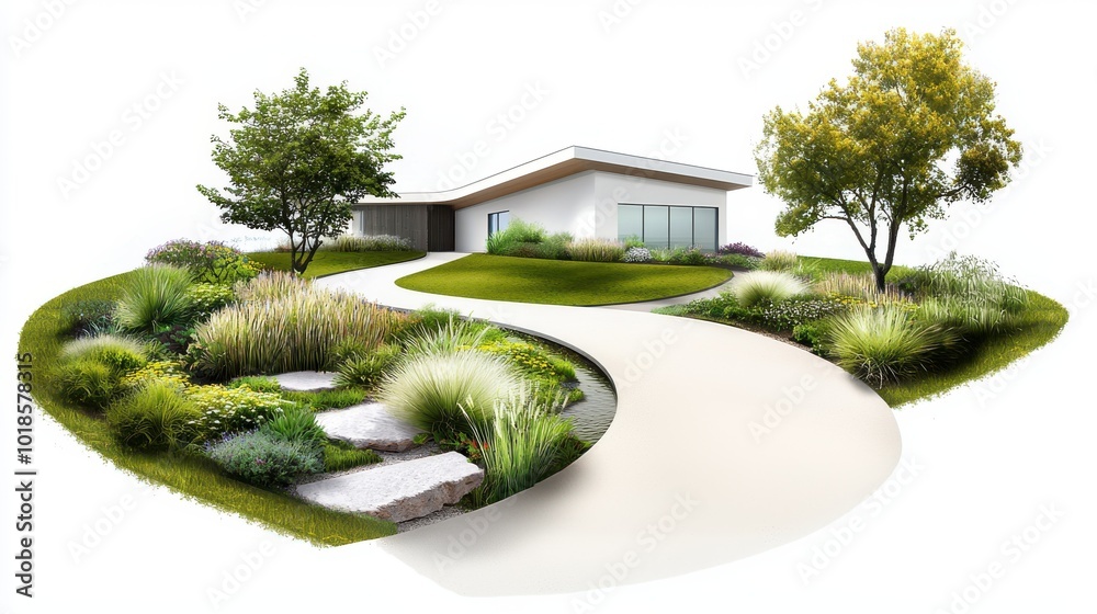 Naklejka premium A sustainable landscape architecture plan incorporating rainwater gardens, permeable walkways, and native plantings for an eco-friendly design.