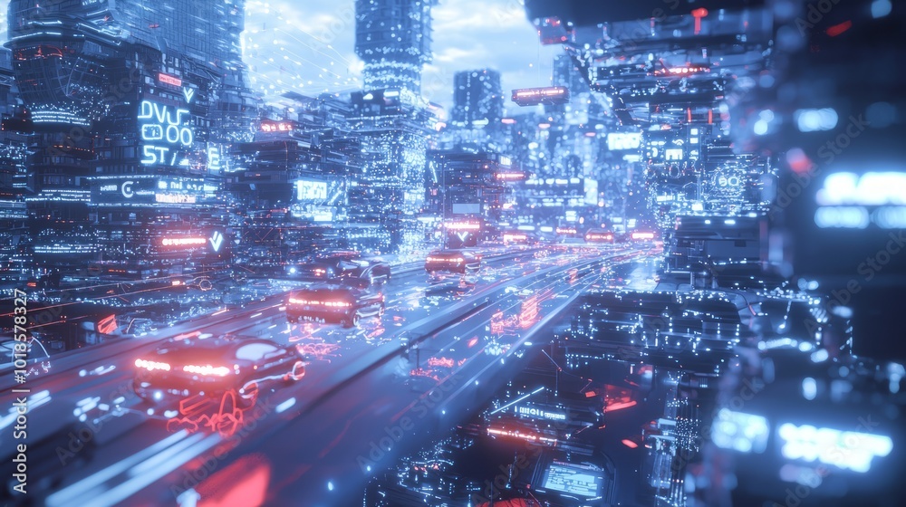 Futuristic High-Tech Cityscape at Night with 5G Technology Impact - Ray Tracing Digital Illustration with Cinematic Lighting Futuristic High-Tech Cityscape at Night with 5G Technology Impact - Ray Tracing Digital Illustration with Cinematic Lighting