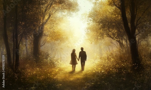 A couple walks through a sunlit forest.