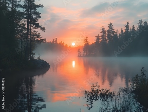 Sunrise over a calm lake with fog