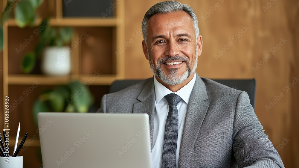 Confident businessman smiling at his desk with laptop in modern office setting. Confident businessman smiling at his desk with laptop in modern office setting.