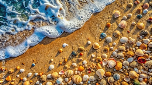 Aerial view of sea stones mixed with shells on sandy beach