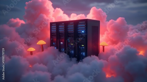 A server rack stands tall amidst fluffy clouds, bathed in the soft glow of fantastical red mushrooms in this whimsical image representing cloud computing, data storage, and digital networks photo