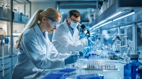 Two scientists in lab coats working on a project. One of them is wearing a lab coat with a ponytail