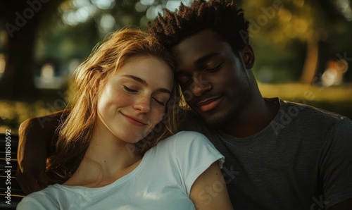 Couple hugging with eyes closed, outdoor setting.