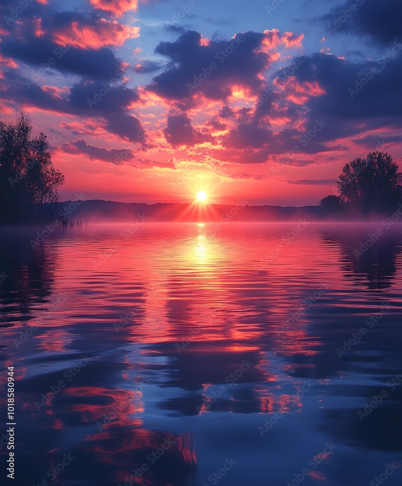 Sunrise over a calm lake with fog Sunrise over a calm lake with fog
