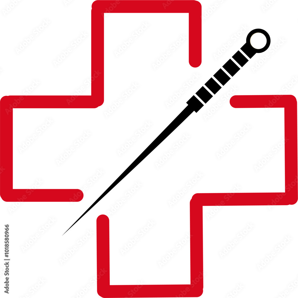 Medical acupuncture sign logo symbol with needle and red cross