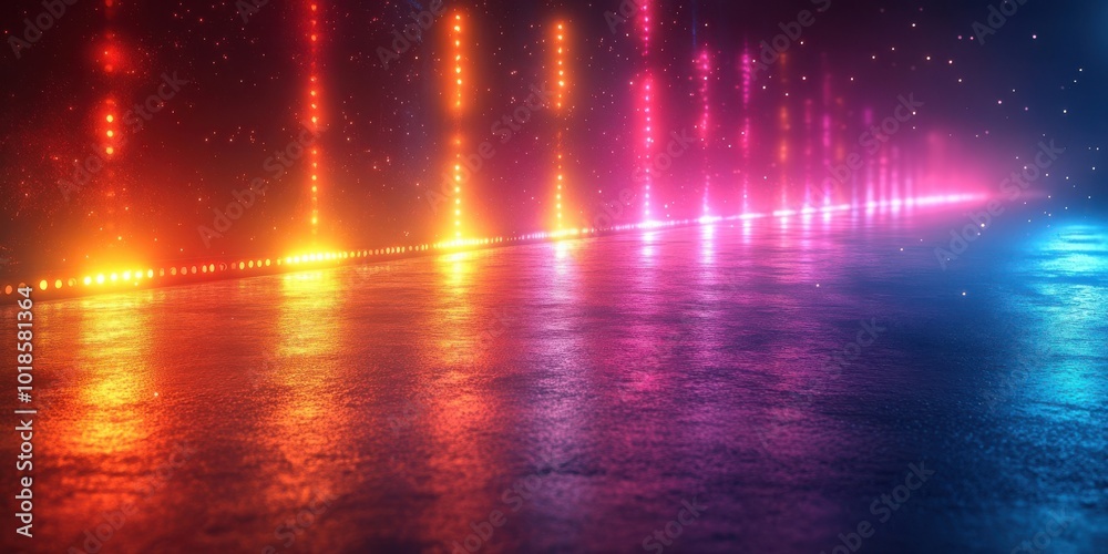 Abstract Neon Light Show on Wet Surface with Reflections and Stars Abstract Neon Light Show on Wet Surface with Reflections and Stars