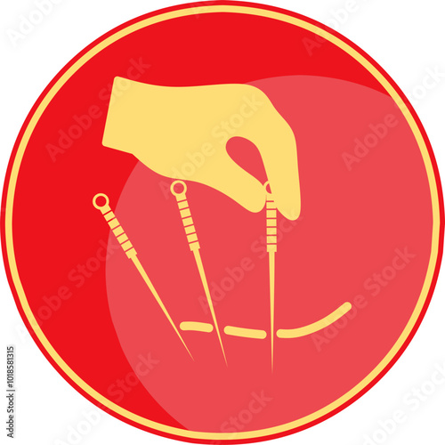 Golden hands hold gold acupuncture needle in red circle background illustration