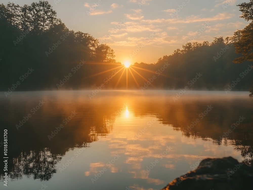 Sunrise over a calm lake with fog Sunrise over a calm lake with fog