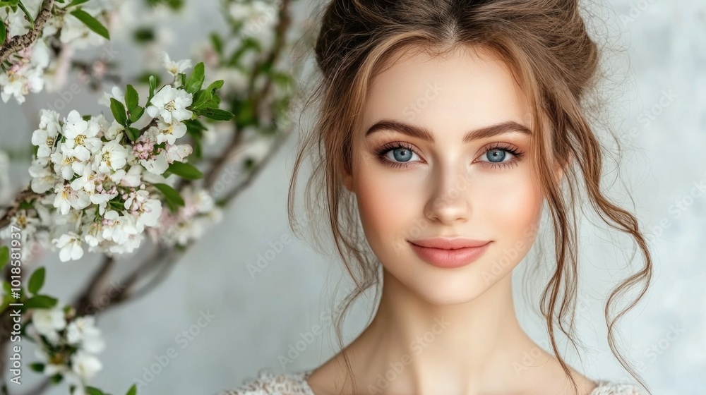 A serene moment features a young woman with soft makeup, gazing warmly at the camera while surrounded by delicate white flowers in an indoor space