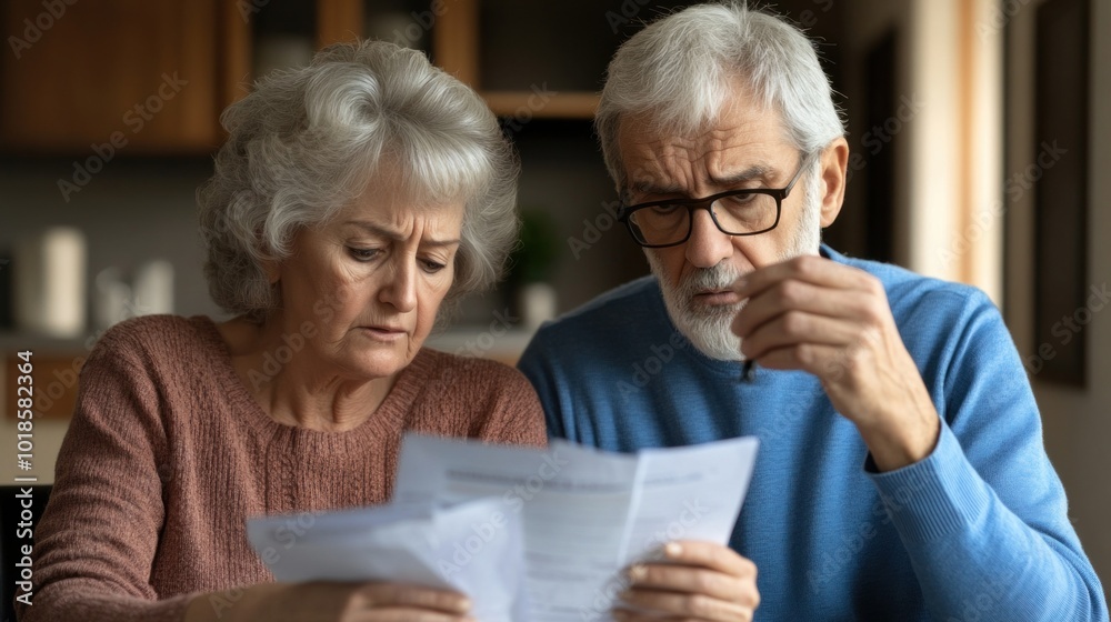 Elderly couple looking at retirement savings documents, discussing future financial plans, symbolizing the impact of aging populations on pension systems Elderly couple looking at retirement savings documents, discussing future financial plans, symbolizing the impact of aging populations on pension systems