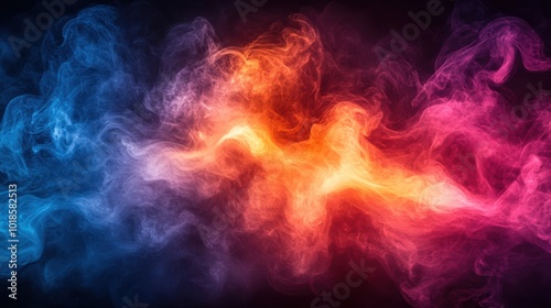 Abstract Swirling Smoke in Vibrant Blue, Orange, and Pink Hues, Evoking a Dramatic and Ethereal Atmosphere