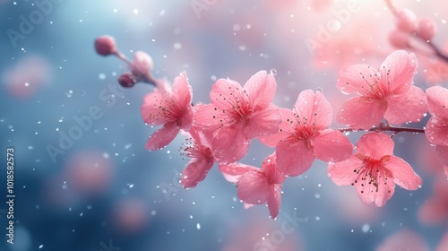 Delicate Pink Blossoms Shimmering with Raindrops Against a Soft Blue and White Backdrop