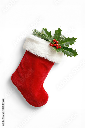 Traditional Christmas stocking and holly leaves isolated on white background