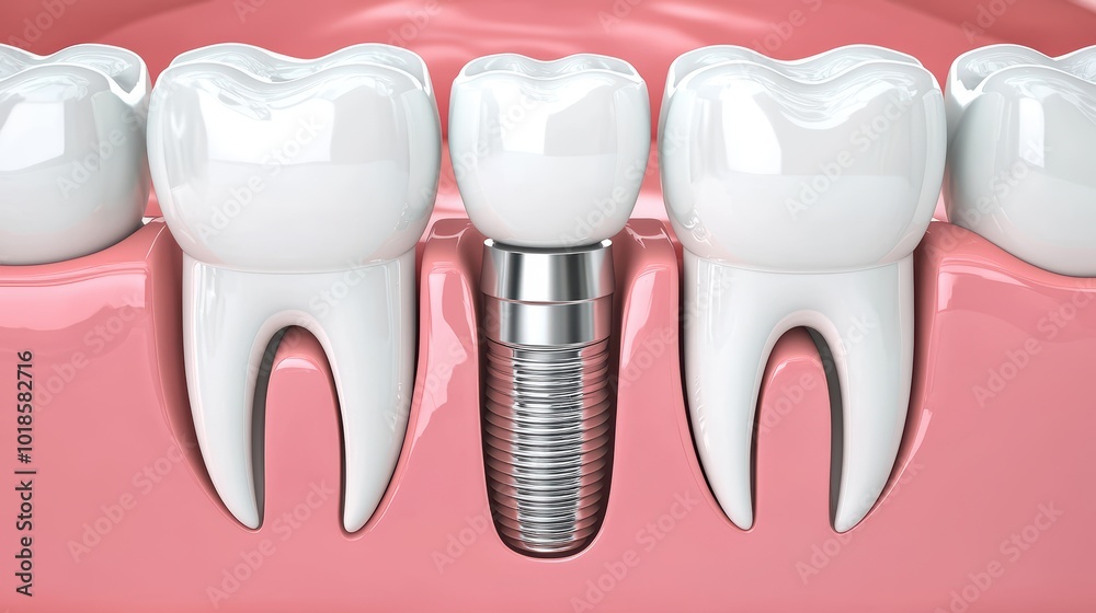 Dental implant surrounded by healthy white teeth on a pink gum background. Dental implant surrounded by healthy white teeth on a pink gum background.