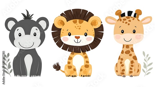 Cute Cartoon Safari Animals Monkey Lion Giraffe Illustration Clipart photo