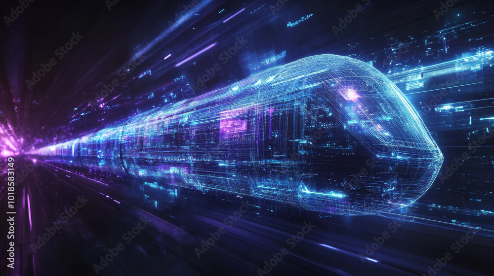 A futuristic, high-speed train is shown in a digital design. The train is made of lines and dots, giving it a modern look. The design uses blue and purple colors to create a futuristic feel. A futuristic, high-speed train is shown in a digital design. The train is made of lines and dots, giving it a modern look. The design uses blue and purple colors to create a futuristic feel.