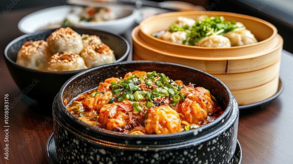 Close-up of Spicy Chinese Dumplings Served in Black Bowl Close-up of Spicy Chinese Dumplings Served in Black Bowl
