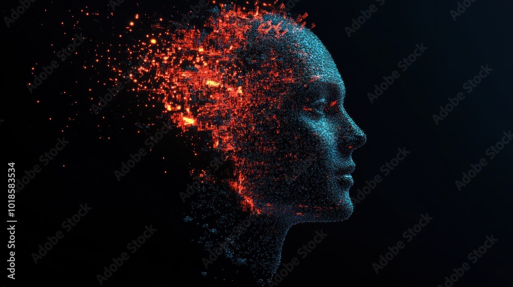 A detailed depiction of a human silhouette fragmented into glowing particles, creating a stunning visual of transformation and energy in a dark setting A detailed depiction of a human silhouette fragmented into glowing particles, creating a stunning visual of transformation and energy in a dark setting