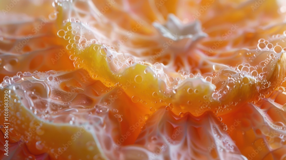 Close-up X-ray of a translucent benibana mandarin fruit slice, calming rose background, beads of moisture, frosted glass effect, crisp and sharp composition. Close-up X-ray of a translucent benibana mandarin fruit slice, calming rose background, beads of moisture, frosted glass effect, crisp and sharp composition.