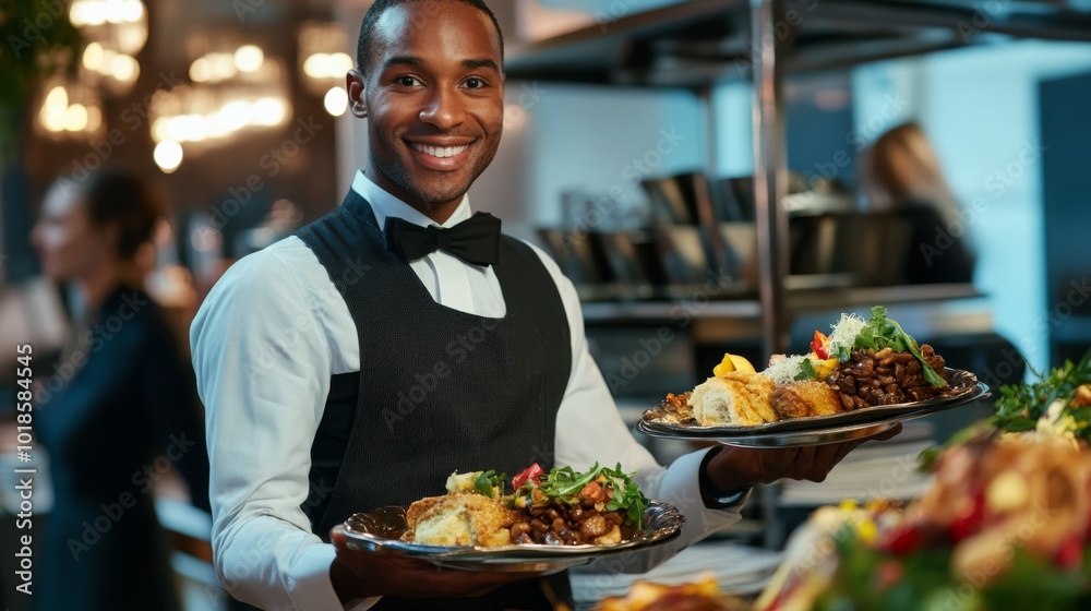 A smiling waiter serves delicious dishes on two plates in a bustling restaurant atmosphere, showcasing vibrant colors and appetizing food.