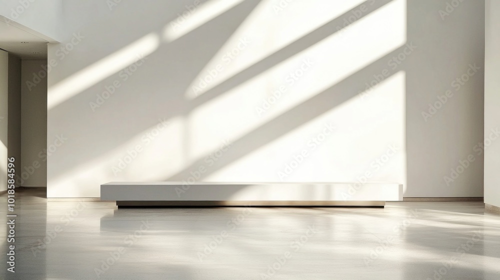 Bright natural light streams through a large window, creating long shadows that enhance the simplicity of the design. The space features a sleek white bench against a pristine wall Bright natural light streams through a large window, creating long shadows that enhance the simplicity of the design. The space features a sleek white bench against a pristine wall
