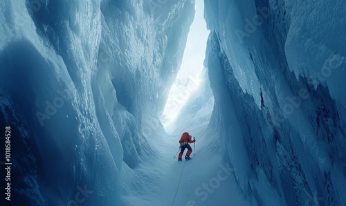 Climber ascends icy mountain crevasse. photo