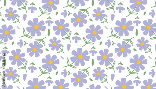 Boho seamless pattern with wildflowers, white and purple flowers botany background.