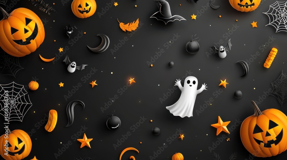 Fototapeta premium A Halloween doodle background with playful drawings of pumpkins, spooky ghosts, and stars, all in a simple, sketch-like style.