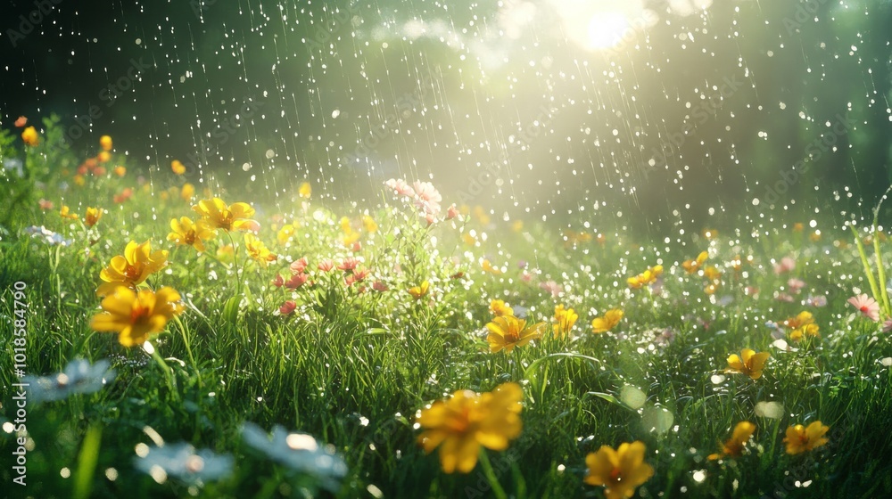 Obraz premium Yellow Flowers in a Field During a Light Rain Shower