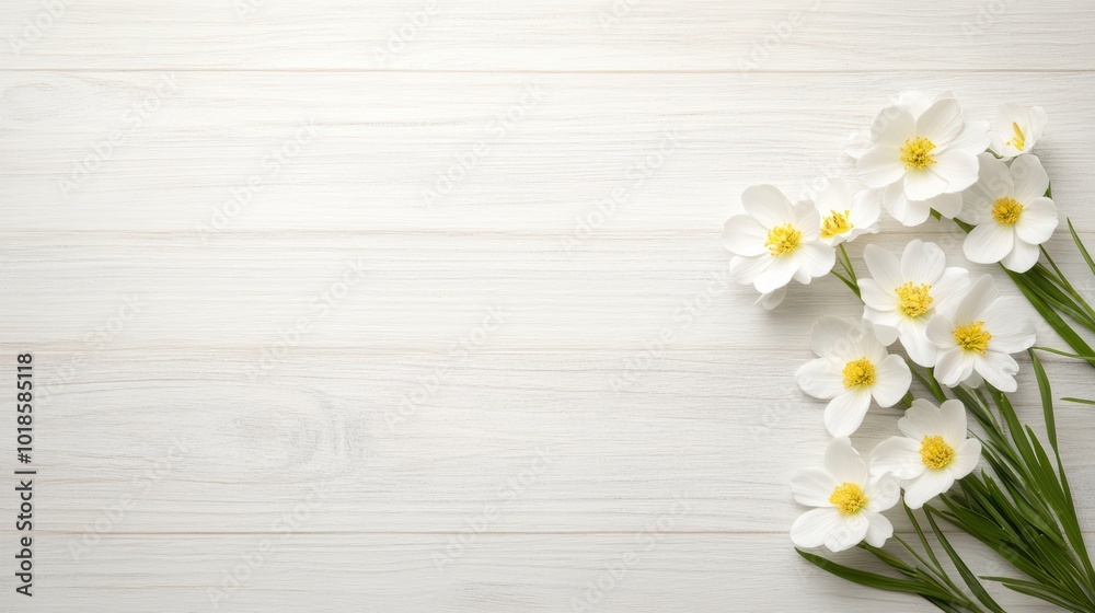 Obraz premium White flowers with yellow centers on a soft wooden background.