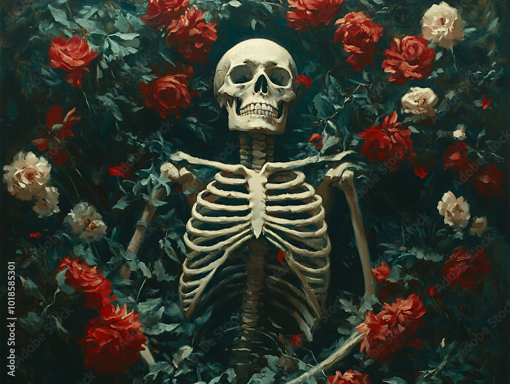  a skeleton intertwined with flowers, a blend of life and death.