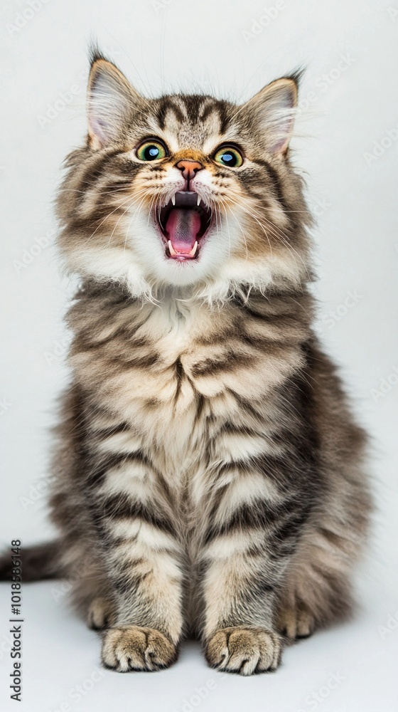 Adorable fluffy tabby kitten with wide-open mouth and bright yellow eyes expressing surprise or excitement against a plain white background. Adorable fluffy tabby kitten with wide-open mouth and bright yellow eyes expressing surprise or excitement against a plain white background.
