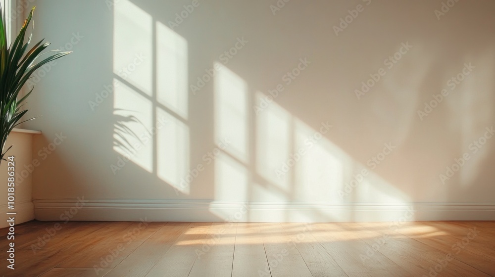 Minimal light background for product presentation. Soft shadow and light from windows on white wall