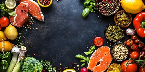 Fresh, colorful food in a stylish kitchen, banner with copy space