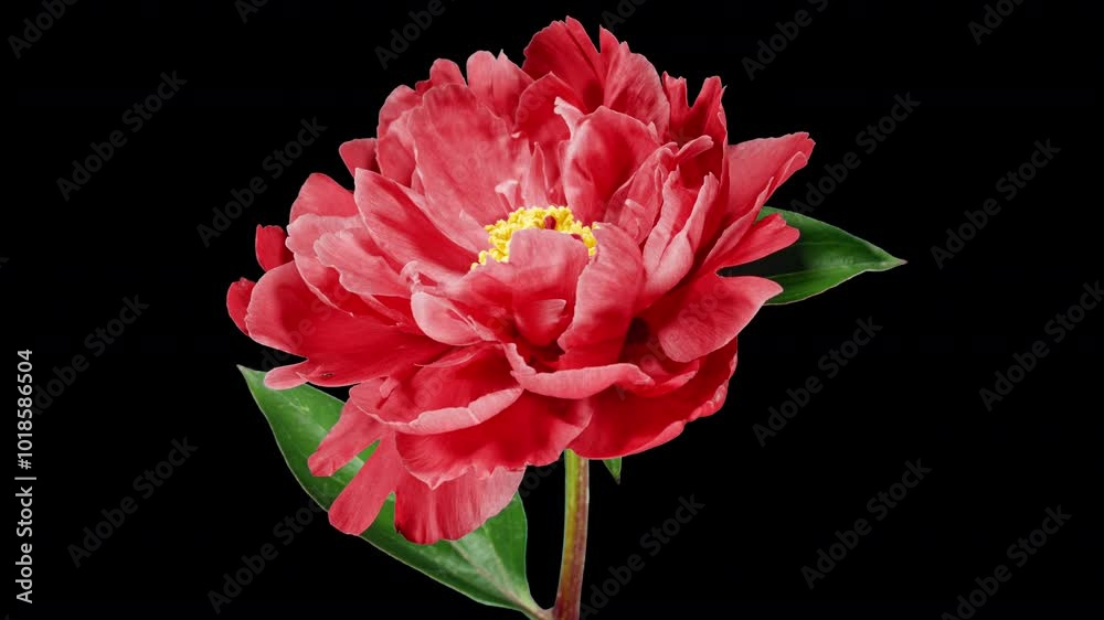 Red Peony Open Flower in Time Lapse on a Black Background. Wedding Concept. Side View on Pink Flower with Yellow Stamens