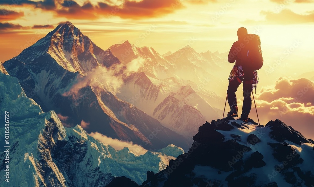 Fototapeta premium Climber on mountaintop at sunrise.