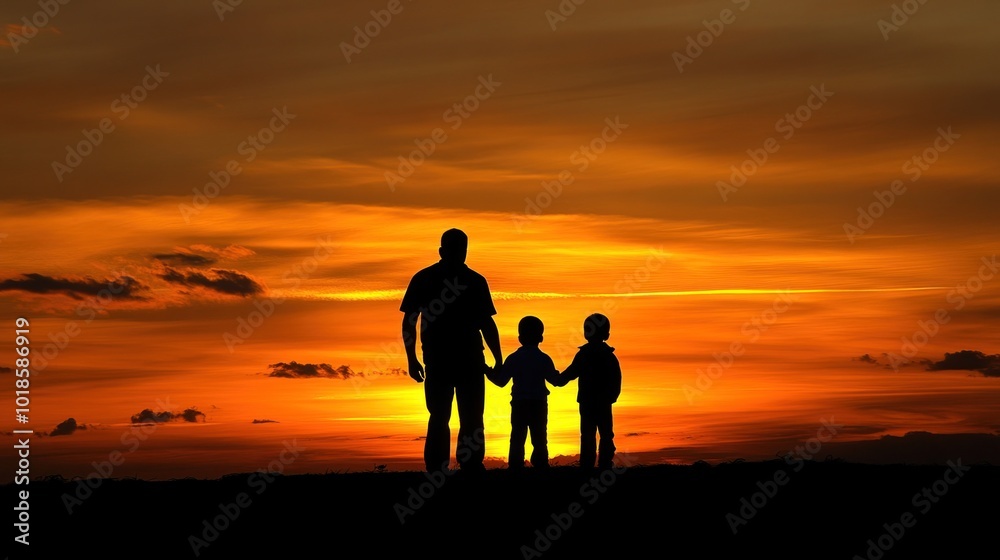 As the sun sets on a warm evening, a father walks hand in hand with his two children, creating a serene moment under a colorful sky filled with clouds As the sun sets on a warm evening, a father walks hand in hand with his two children, creating a serene moment under a colorful sky filled with clouds