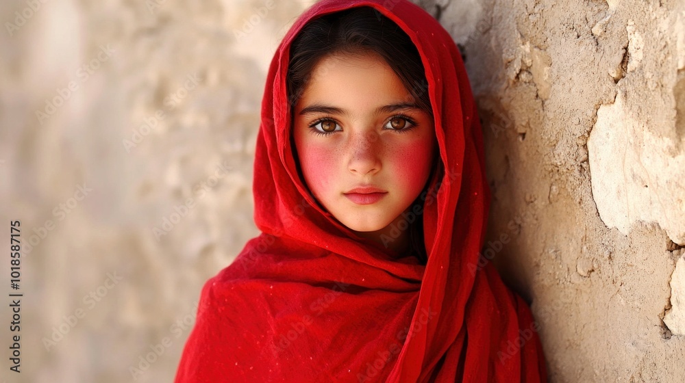 A girl with captivating eyes wears a bright red shawl while leaning against a weathered stone wall. Her gentle expression conveys curiosity and innocence in a serene village setting