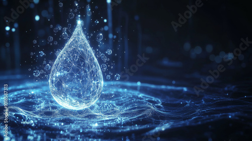 A futuristic water drop, made of glowing lines and dots, splashes on a dark blue background. The water ripples are also made of lines and dots, creating a modern, wireframe look.