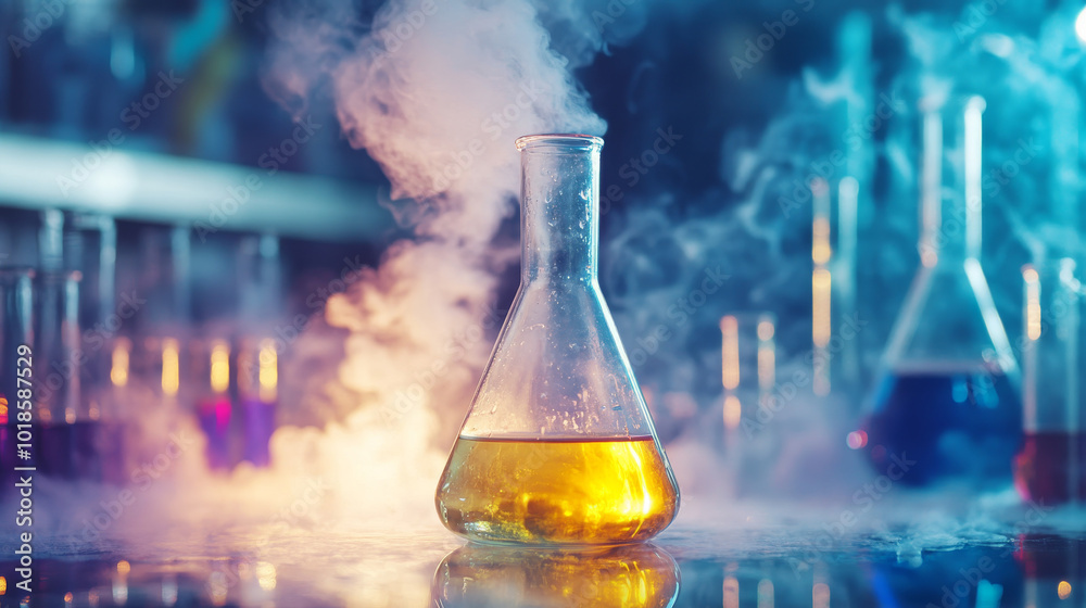 A glass flask filled with a solution sits in a science lab. The background shows test tubes and a swirling cloud of smoke. A glass flask filled with a solution sits in a science lab. The background shows test tubes and a swirling cloud of smoke.